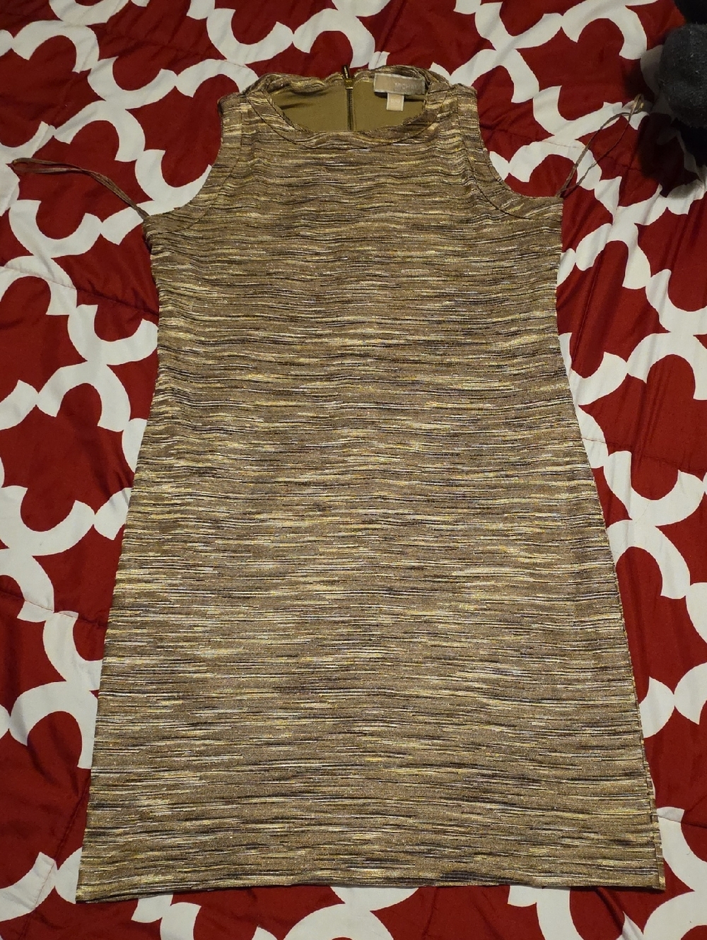Michael Kors Metallic Tweed-Look Sleeveless Shift Dress in Gold and Brown